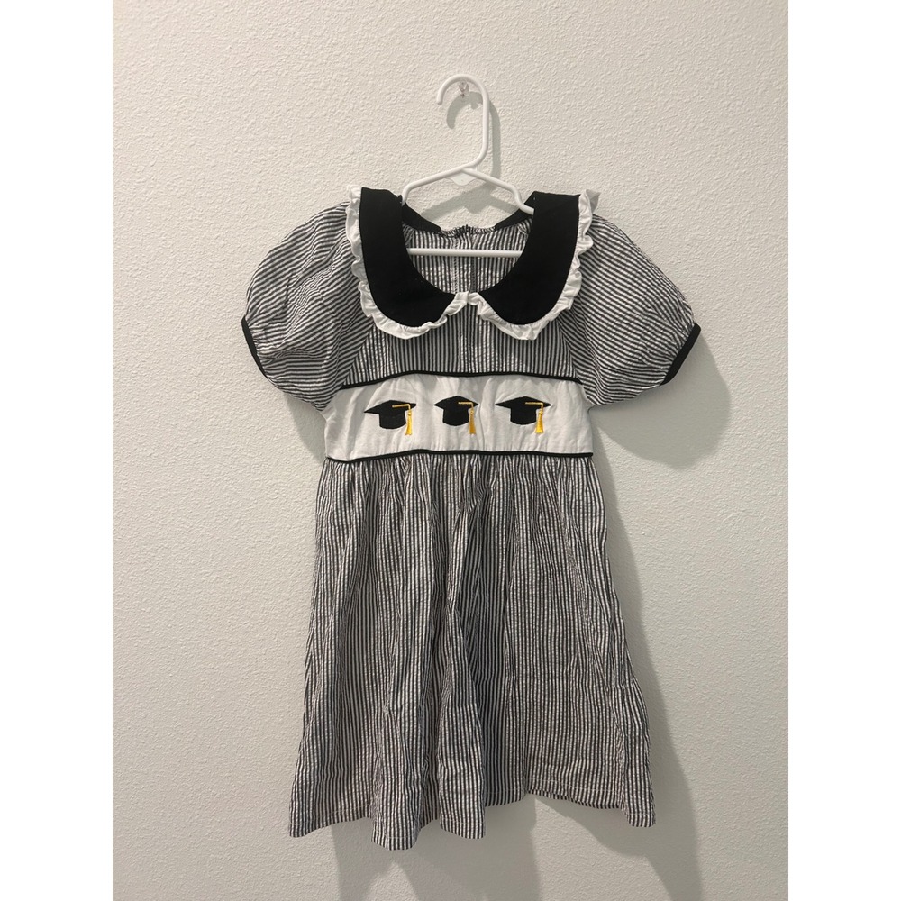Girls Graduation Smocked Seersucker Dress Striped Peter Pan Collar 4-5Y